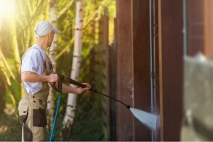 an A+Power Washing and Roofing Cleaning technician using a pressure washer to clean a home's exterior